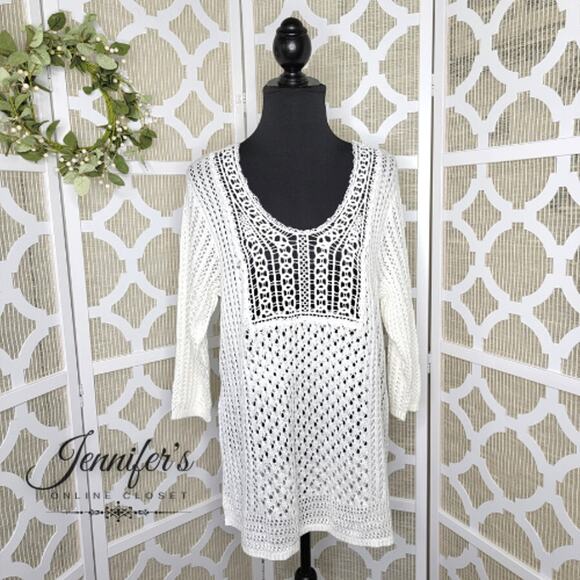 CJ Banks White Crochet Scoop Neck 3/4 Sleeve Sweater Size 1X - Picture 1 of 9